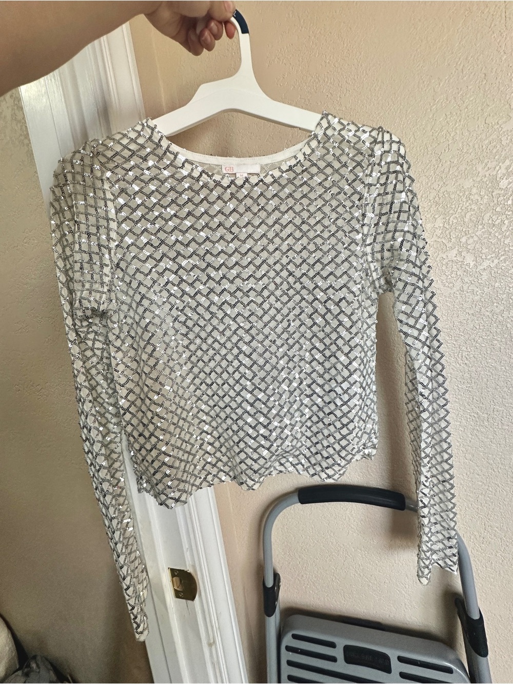 Gianni Bini Silver Sequin Mesh Long Sleeve Crop Top